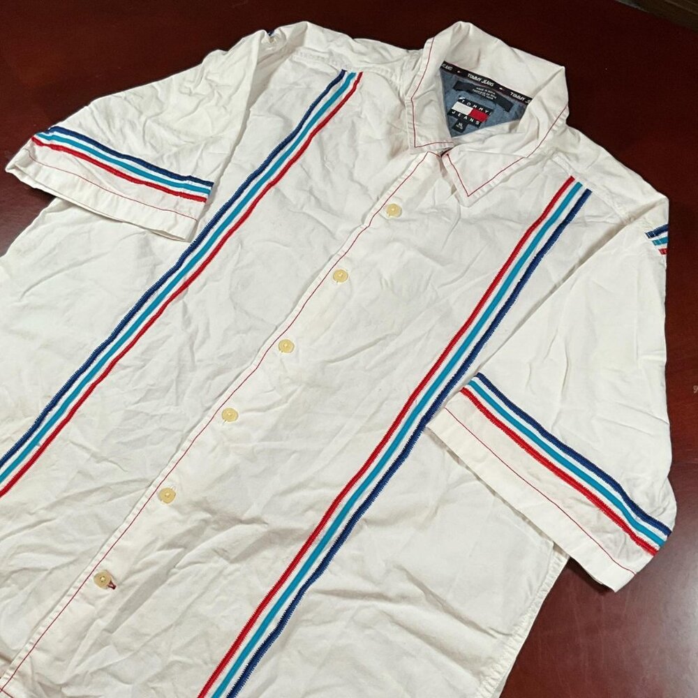 VTG Tommy Hilfiger White Striped Y2K Retro Short Sleeve Stylish Button Down (XL)
